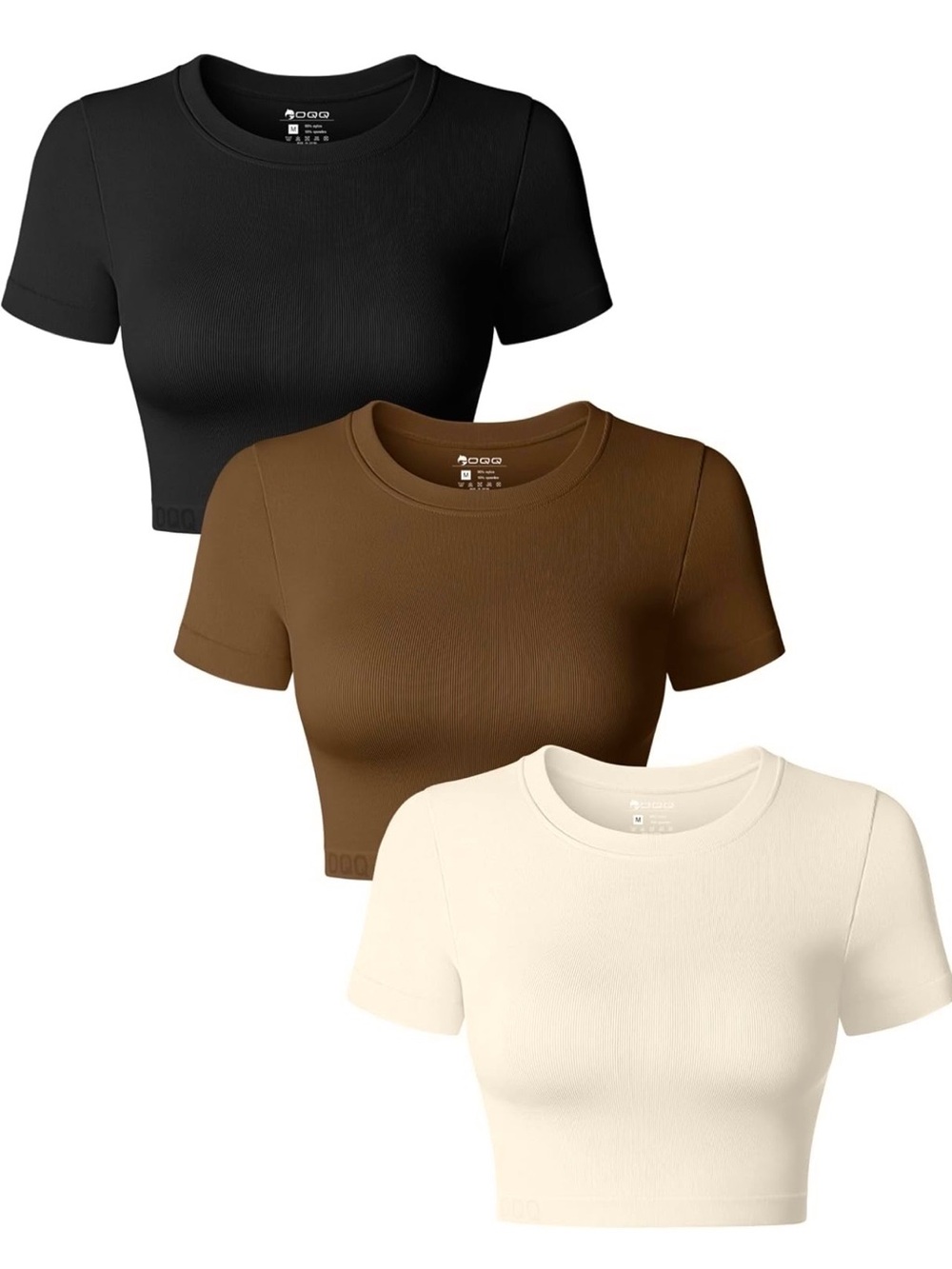 OQQ Women's Ribbed Crewneck Crop Top - Set of 3 - Black, Brown & Cream